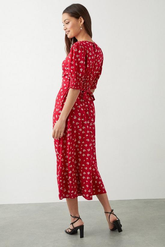 Dorothy Perkins Petite Red Ditsy Floral Shirred Cuff Midi Dress 3