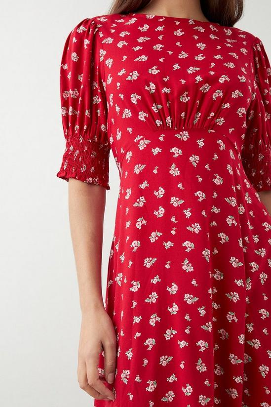 Dorothy Perkins Petite Red Ditsy Floral Shirred Cuff Midi Dress 4