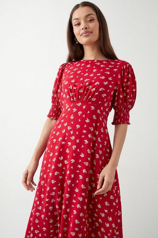 Dorothy Perkins Petite Red Ditsy Floral Shirred Cuff Midi Dress 5