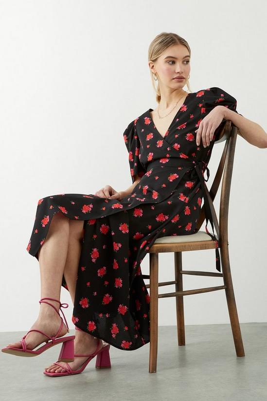 Dorothy Perkins Black Floral Puff Sleeve Wrap Midi Dress 1