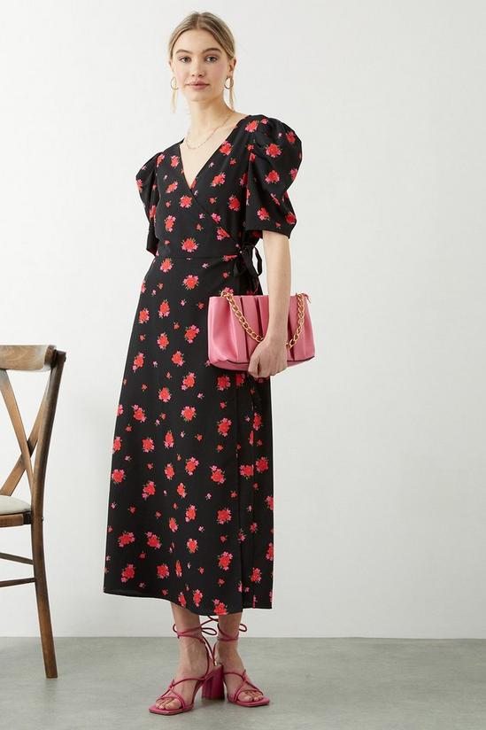 Dorothy Perkins Black Floral Puff Sleeve Wrap Midi Dress 2