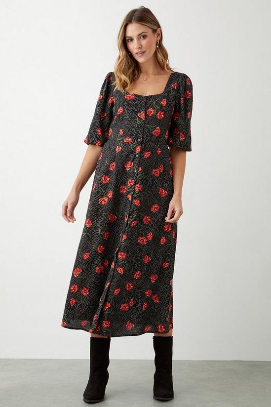 Dorothy Perkins Black Spot Floral Button Through Midi Dress 2