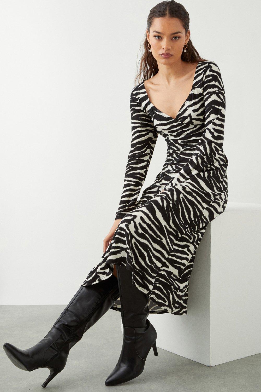 Womens Petite Zebra Print Wrap Midi Dress
