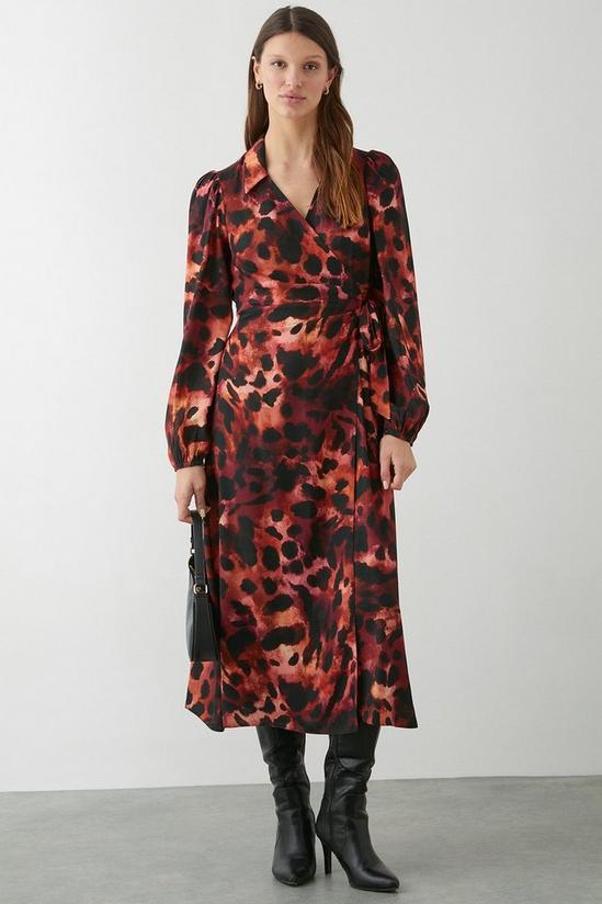Dorothy Perkins Leopard Print Long Sleeve Wrap Collar Midi Dress 1