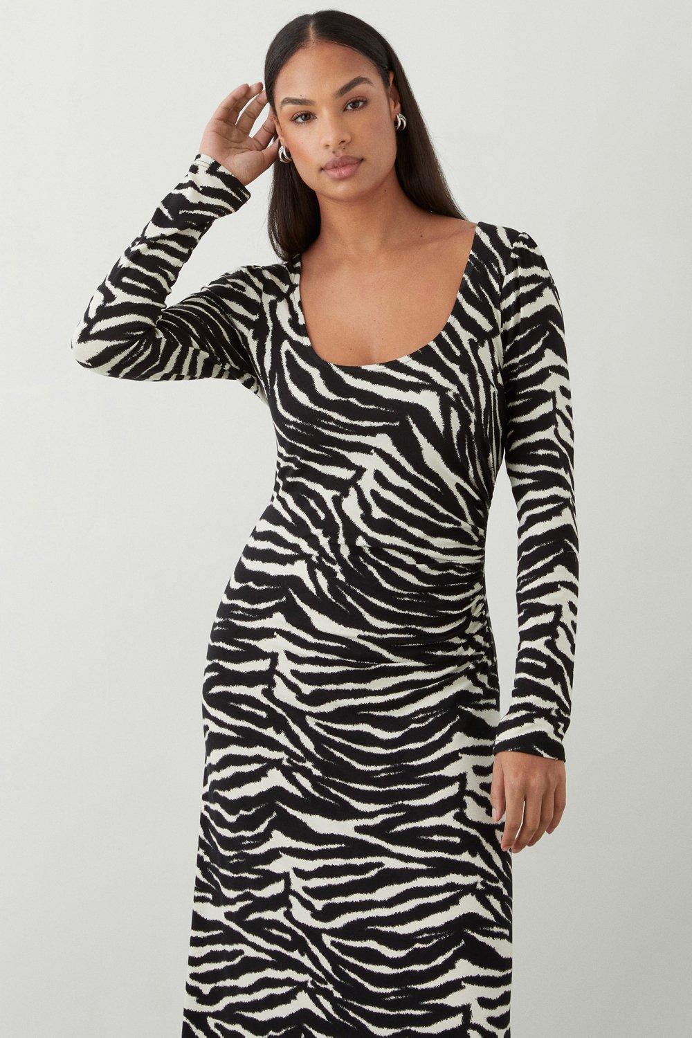 Women’s Zebra Print Scoop Neck Long Sleeve Ruched Midi Dress - 12
