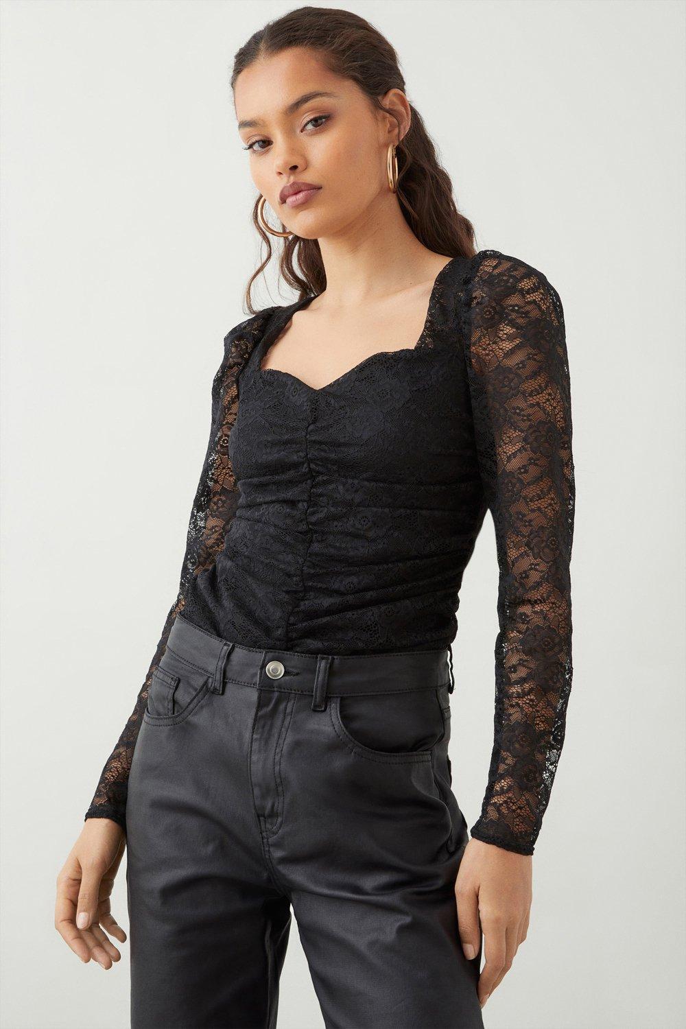 Women’s Petite Sweetheart Lace Ruched Top - black - S