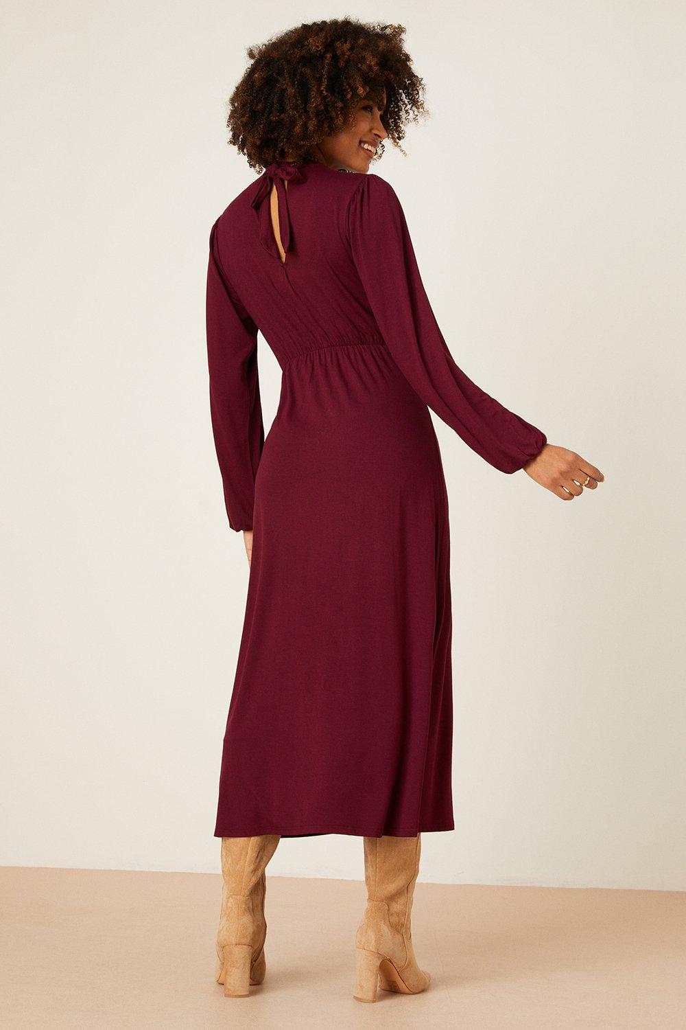 Wine Key Hole Long Sleeve Midi Dress