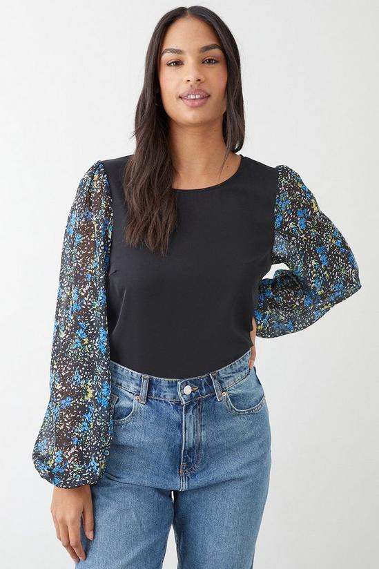 Dorothy Perkins Blue Floral Chiffon Contrast Sleeve Blouse 1