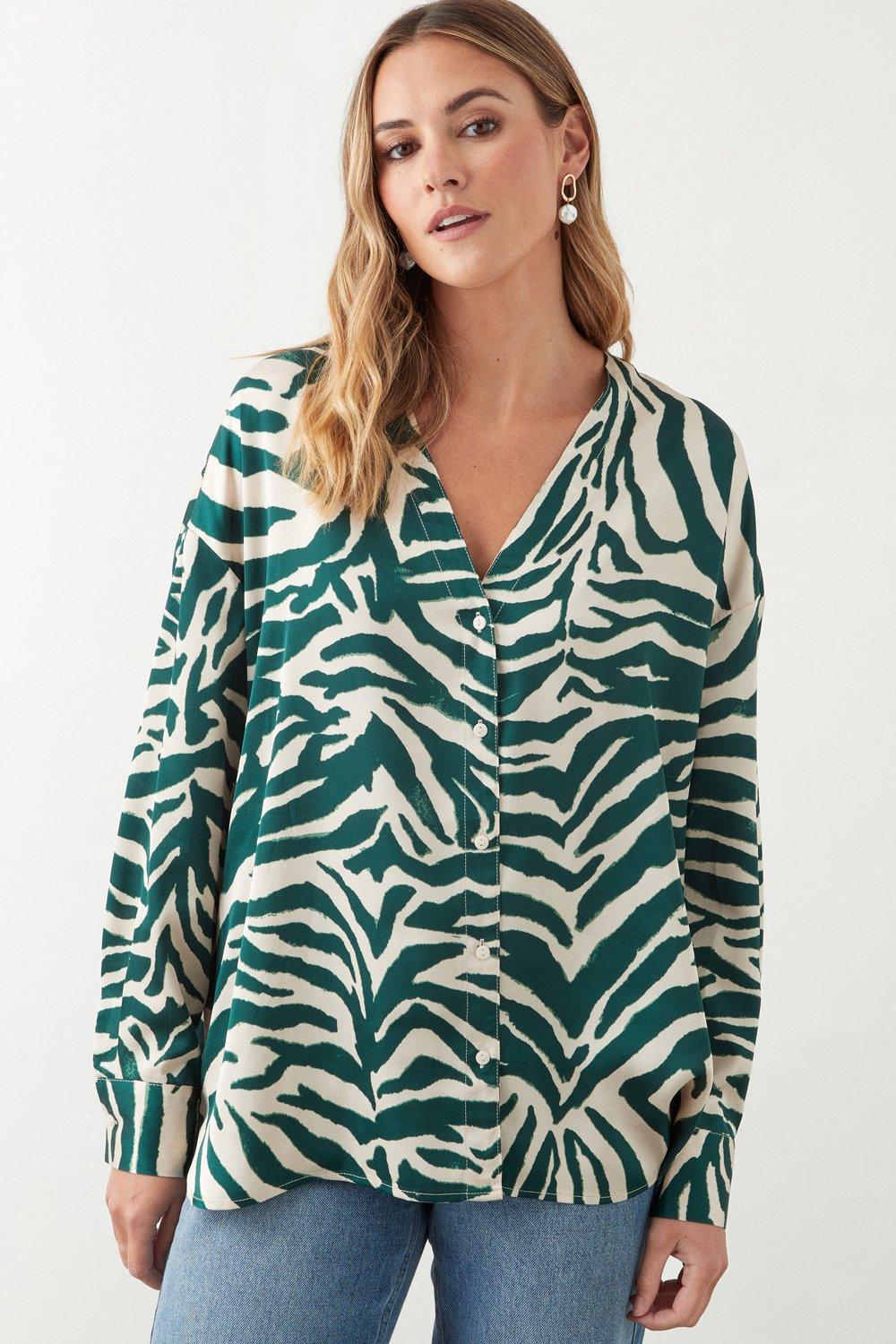 Womens Green Zebra Collarless Shirt