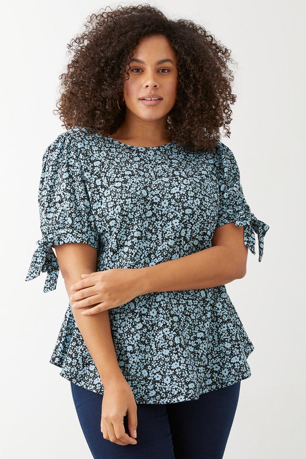 Womens Curve Blue Floral Tie Sleeve Top