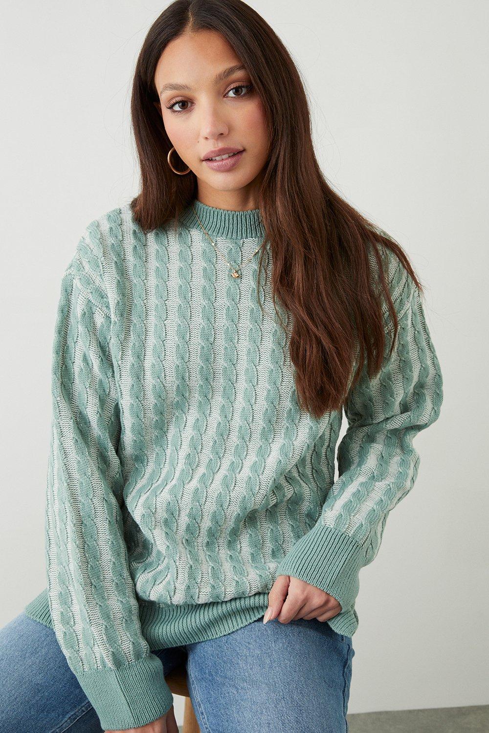 Womens Tall Plaited Cable Jumper With Side Splits