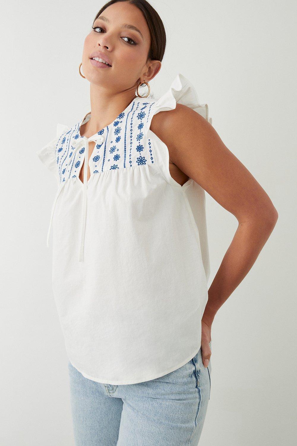 Women’s Blue Embroidered Poplin Shell Blouse - ivory - 12