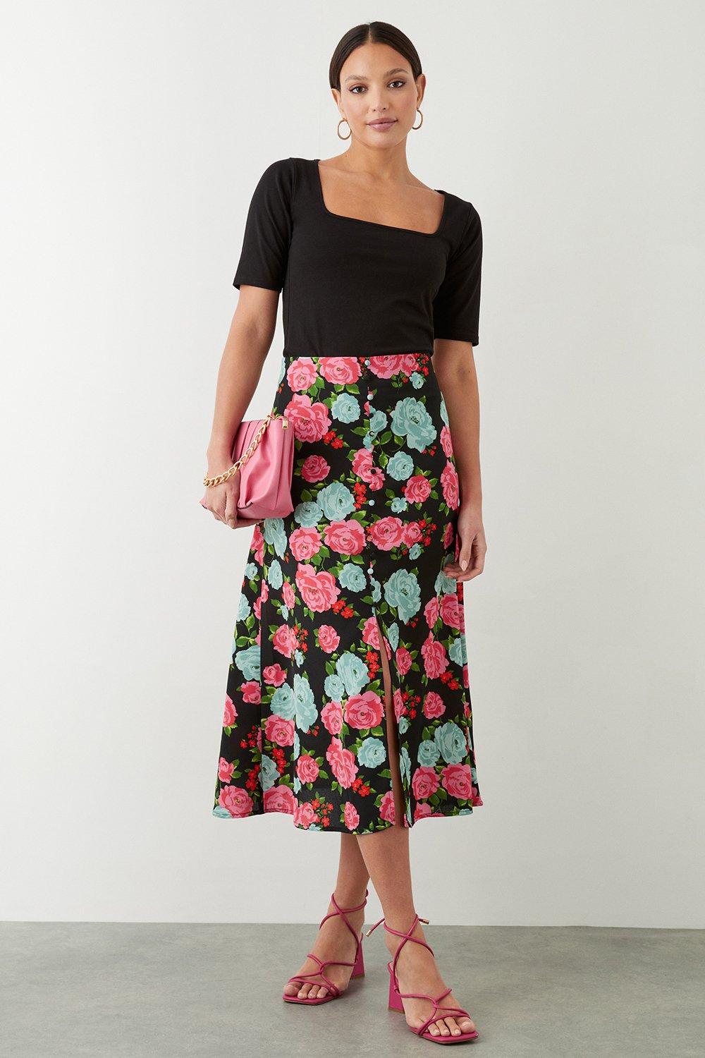 womens multi floral button through midi skirt