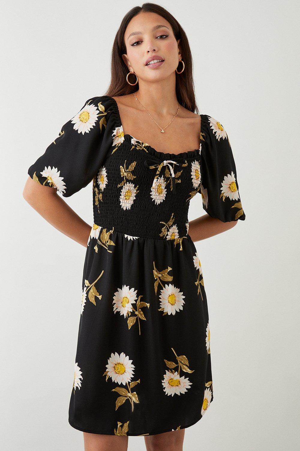 Women’s Tall Daisy Print Shirred Mini Dress - black - 10