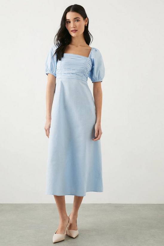 Dorothy Perkins Petite Blue Poplin Ruched Midi Dress 1