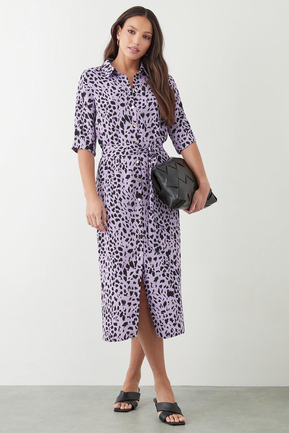 Womens Lilac Printed Midi Shirt Dress
