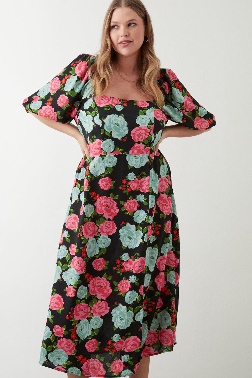 Dresses Curve Pink Floral Square Neck Midi Dress Dorothy Perkins