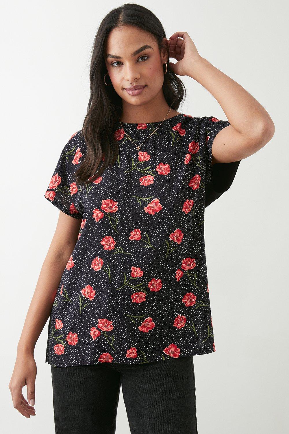 Womens Red Floral Short Sleeve Top