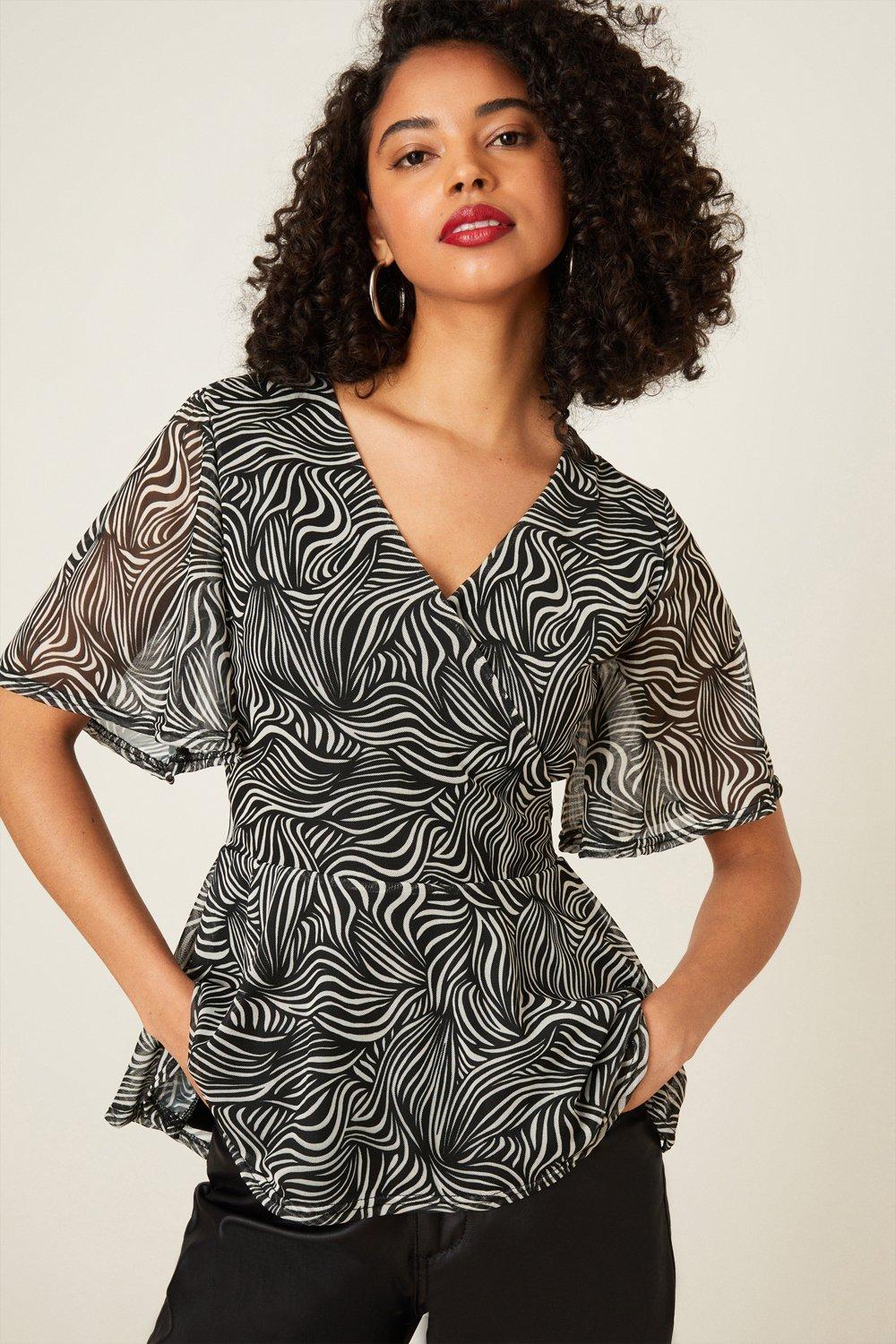 Womens Abstract Mesh Wrap Detail Printed Top