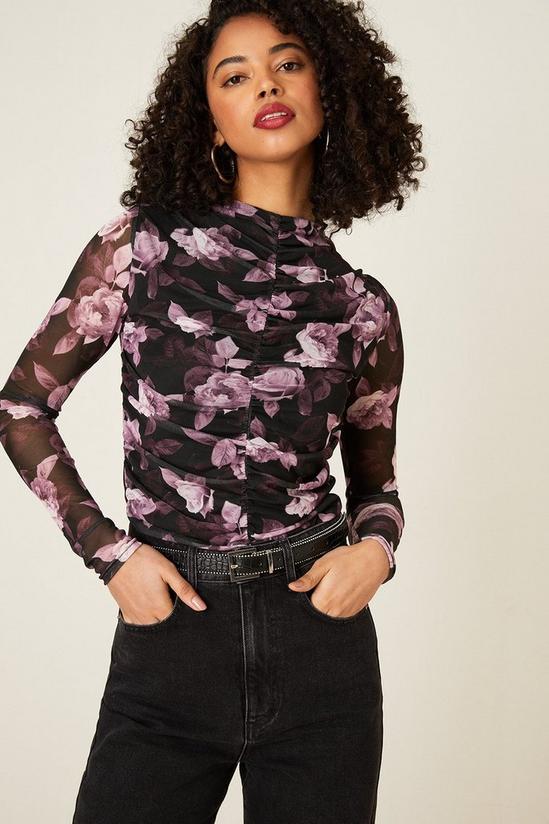 Dorothy Perkins Floral Mesh Ruched Body Crew Neck Top 1