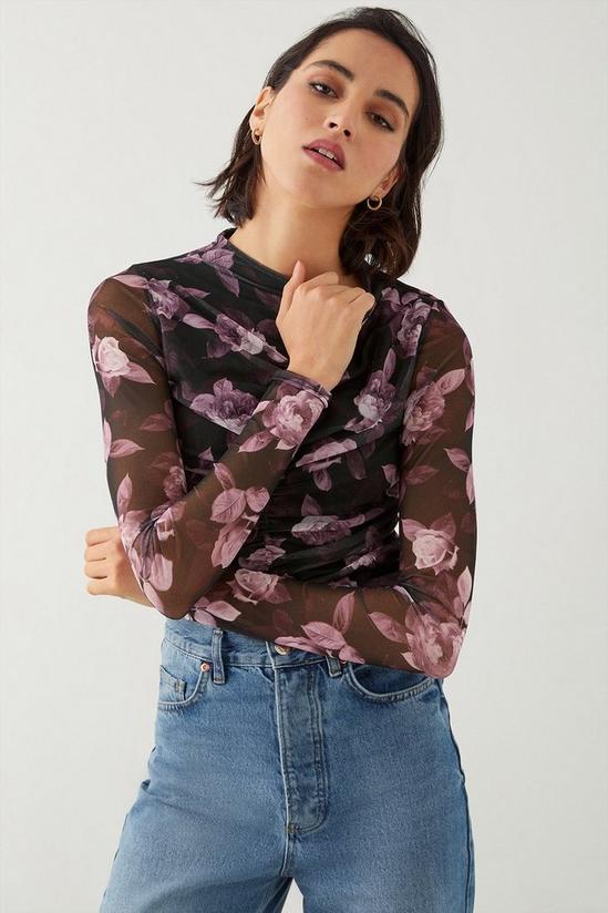 Dorothy Perkins Tall Floral Mesh Ruched Body Crew Neck Top 1