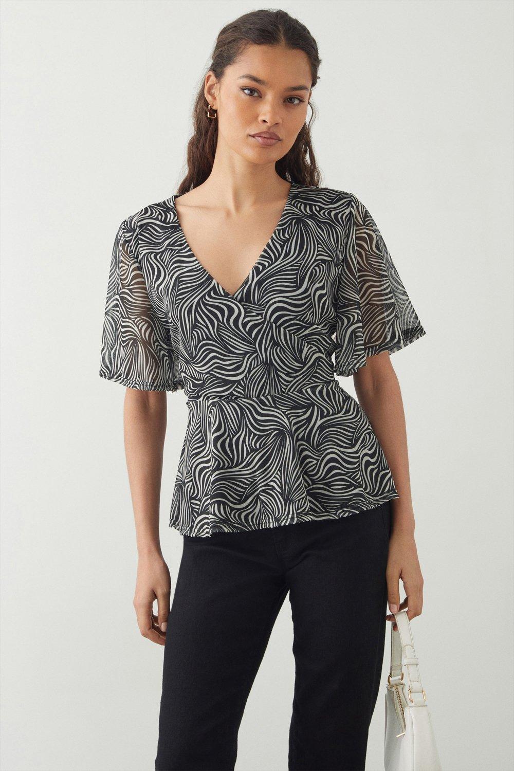 Womens Petite Abstract Mesh Wrap Detail Printed Top