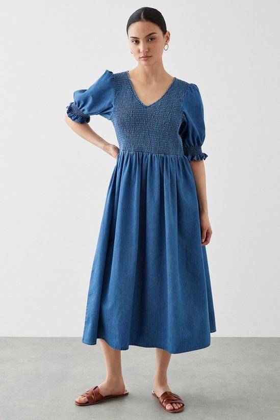 Dorothy Perkins Petite V Neck Denim Shirred Midi Dress 1