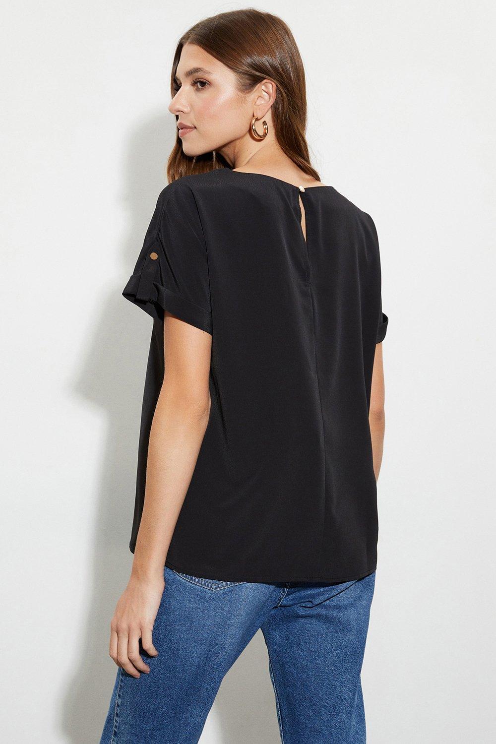 Tops | Black Roll Sleeve Blouse | Dorothy Perkins