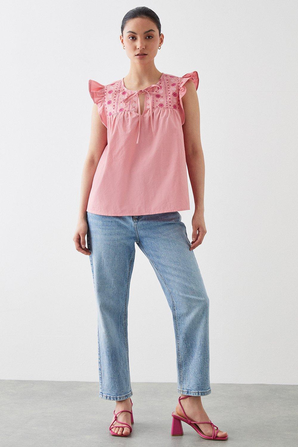 Women’s Petite Pink Embroidered Poplin Shell Blouse - 6