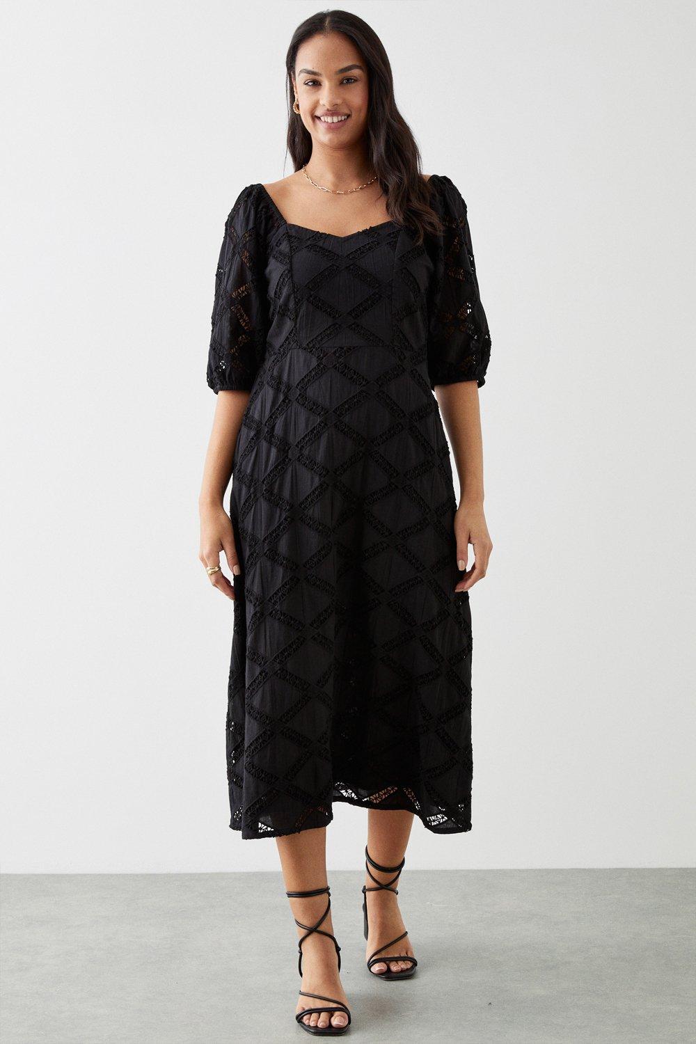 Women's Cutwork Midi Dress - black - 10