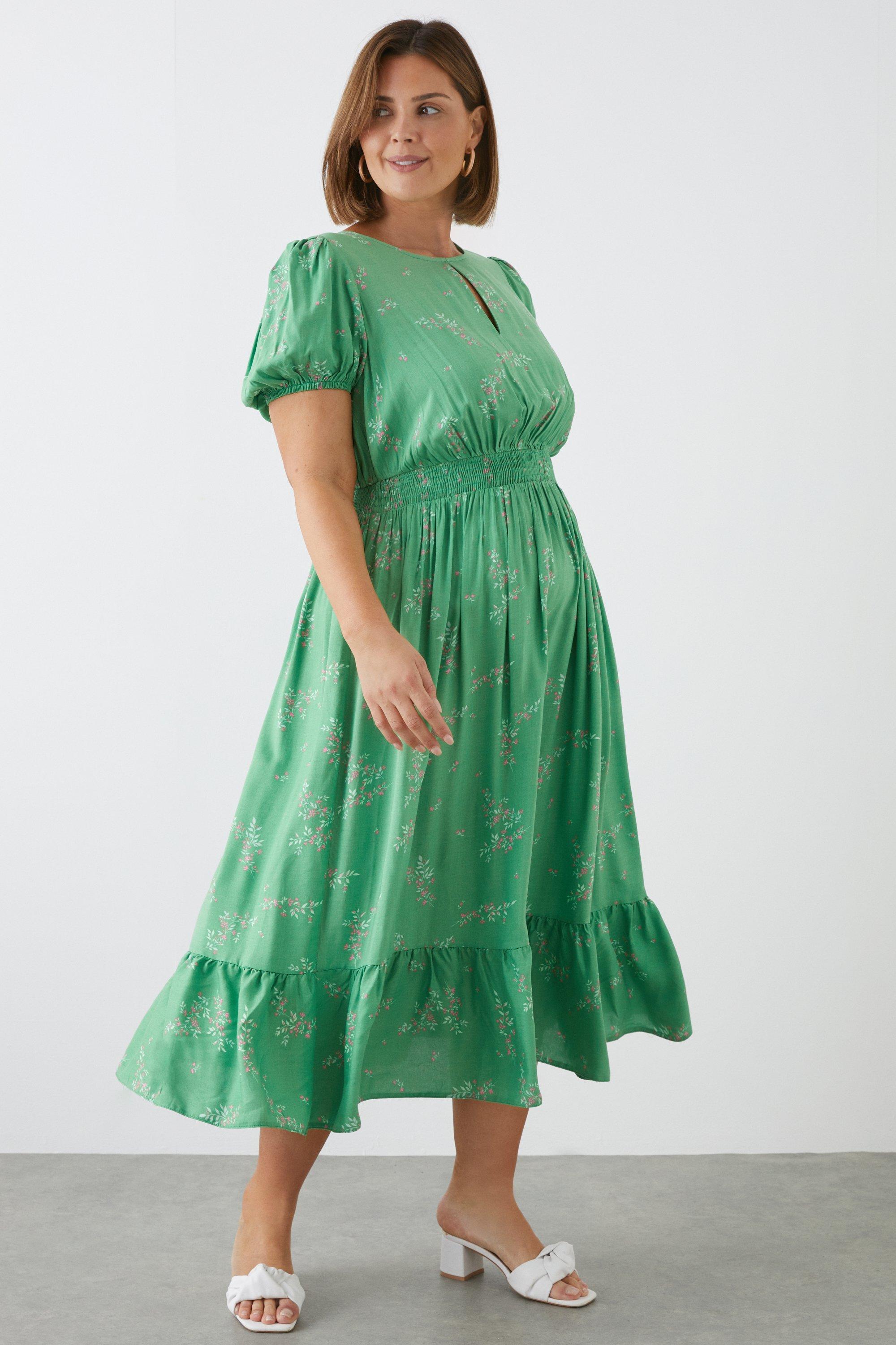 Womens Curve Green Sprig Floral Keyhole Midi Dress