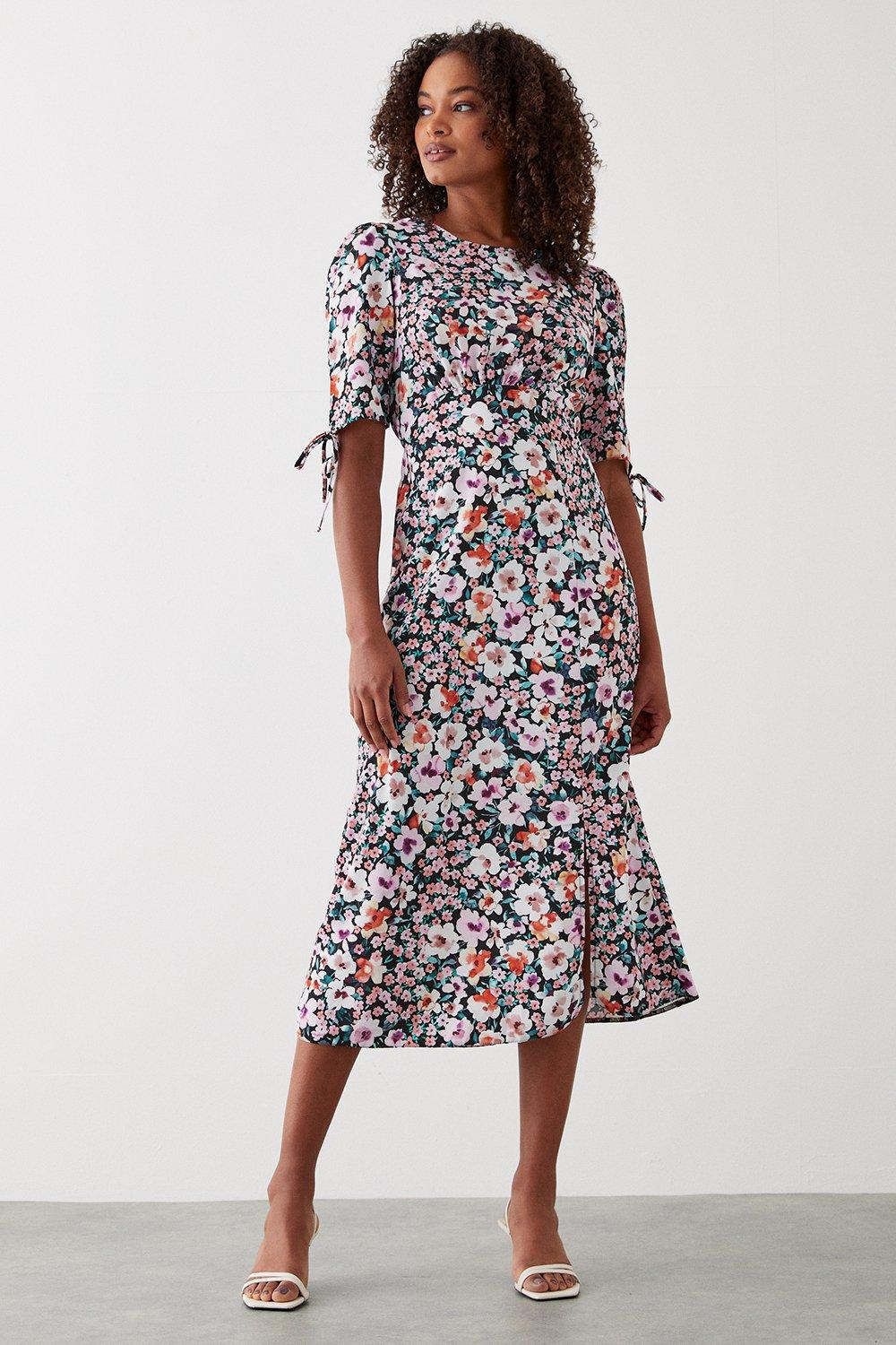 Women’s Tall Floral Ruched Sleeve Midi Dress - multi - 10