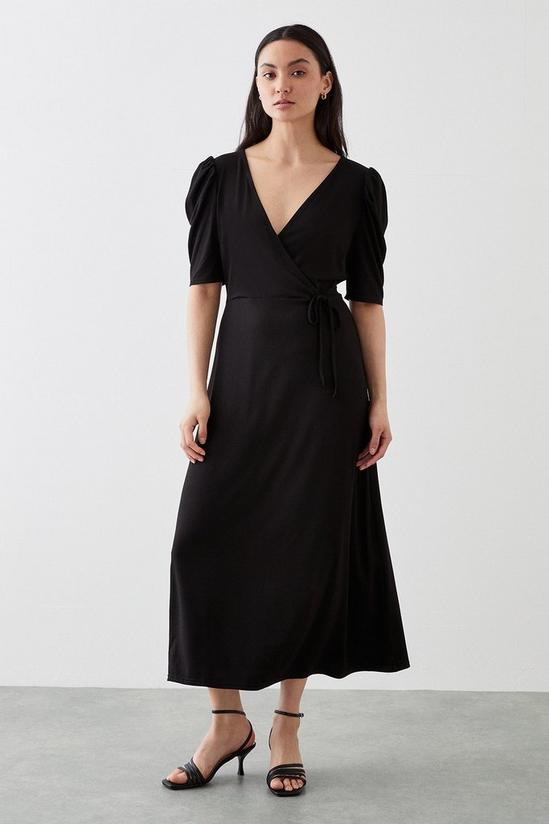 Dorothy Perkins Petite Black Ruched Sleeve Wrap Midi Dress 1