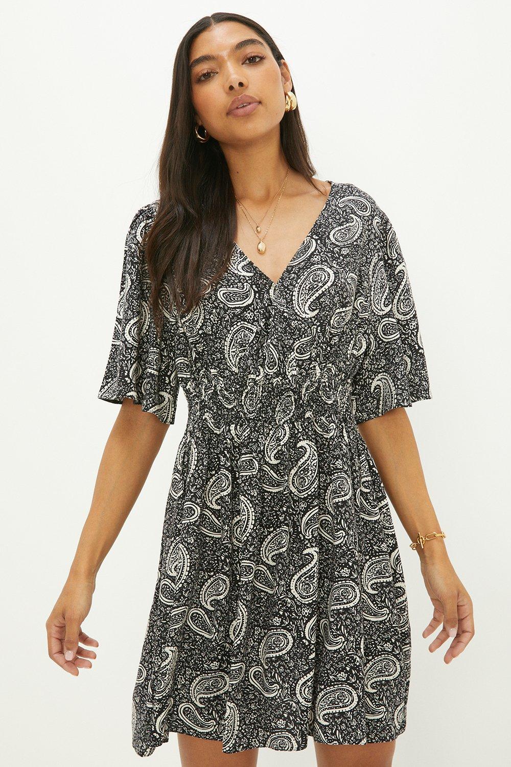 Dresses | Mono Paisley Print Shirred Waist Mini Dress | Dorothy Perkins