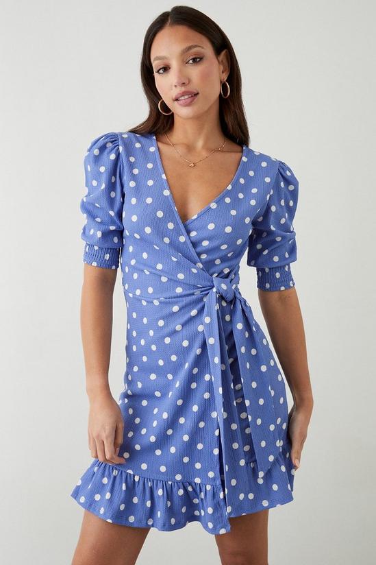Dorothy Perkins Tall Blue Spot Ruffle Hem Wrap Mini Dress 1