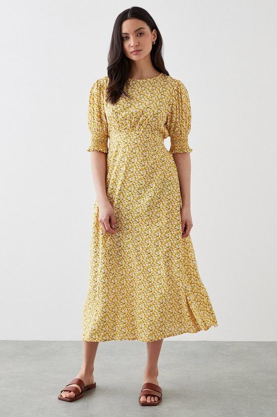 Dorothy Perkins Petite Yellow Ditsy Shirred Cuff Midi Dress 2