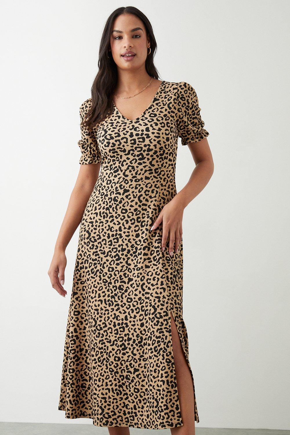 Womens Leopard Print Short Sleeve Midi Dress
