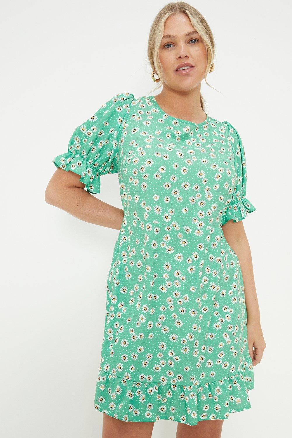 Women’s Curve Green Daisy Ruffle Hem Mini Dress - 18