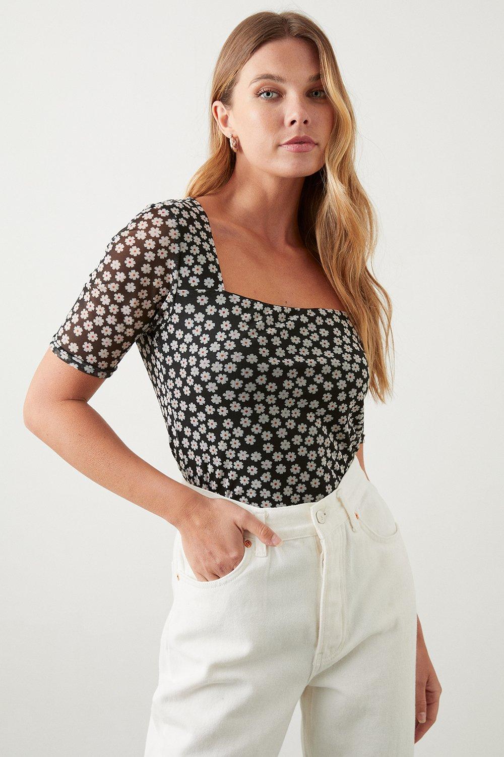 Womens Daisy Square Neck Fitted Mesh Top
