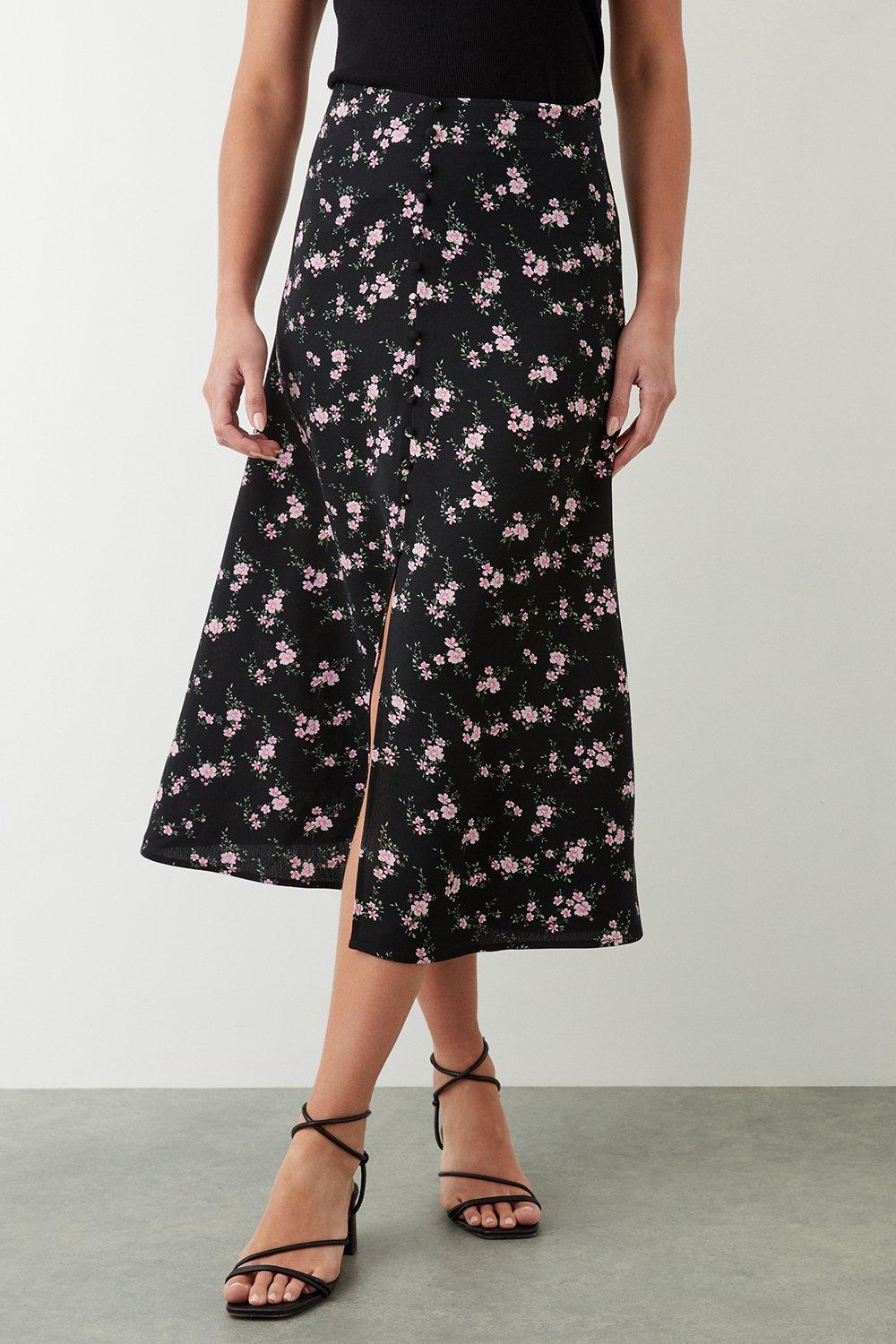 Womens Ditsy Floral Button Through Midi Skirt