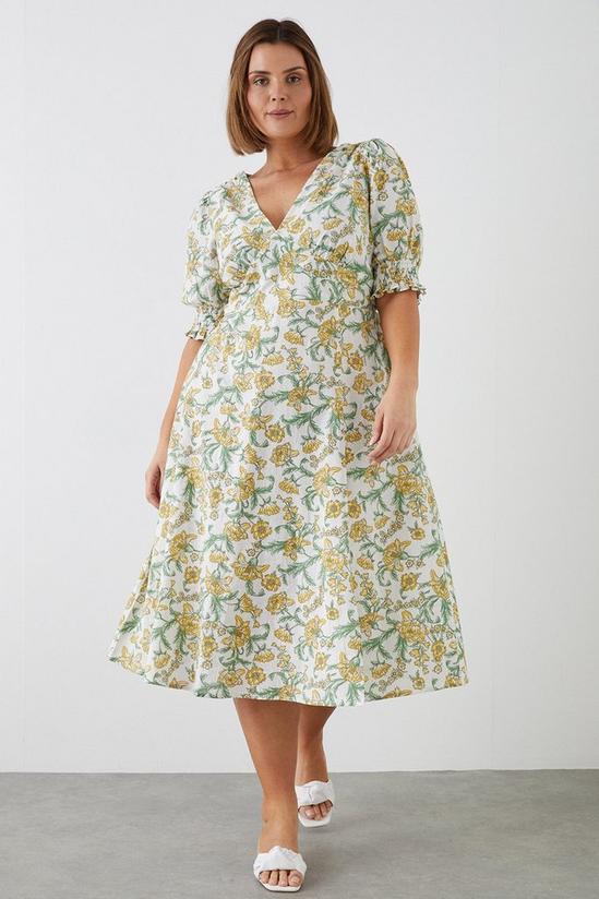 Dorothy Perkins Curve Yellow Floral Shirred Cuff Midi Dress 1