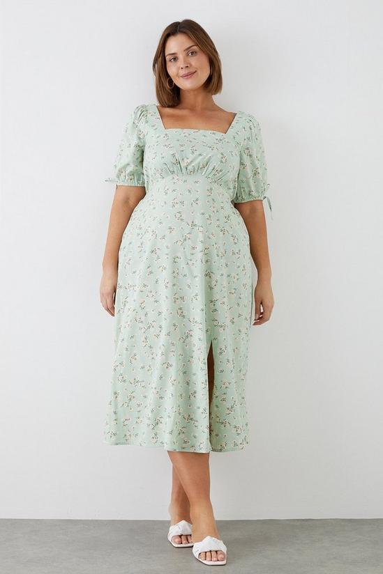 Dorothy Perkins Curve Sage Floral Tie Sleeve Square Neck Midi Dress 1