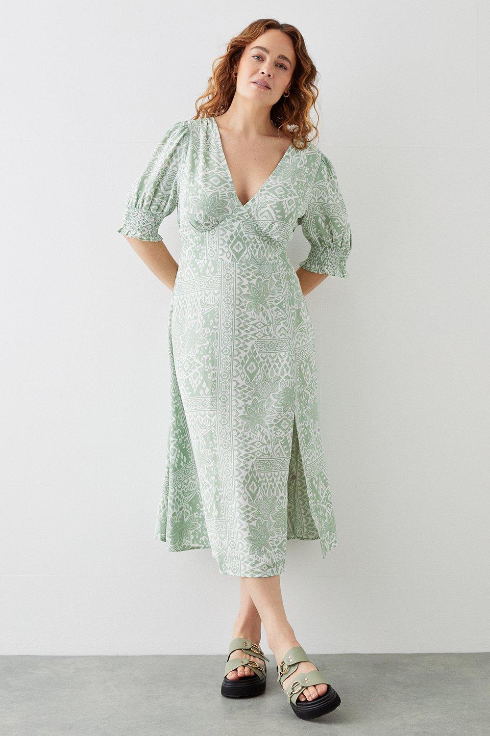 Women’s Curve Green Tile Shirred Cuff Midi Dress - 28