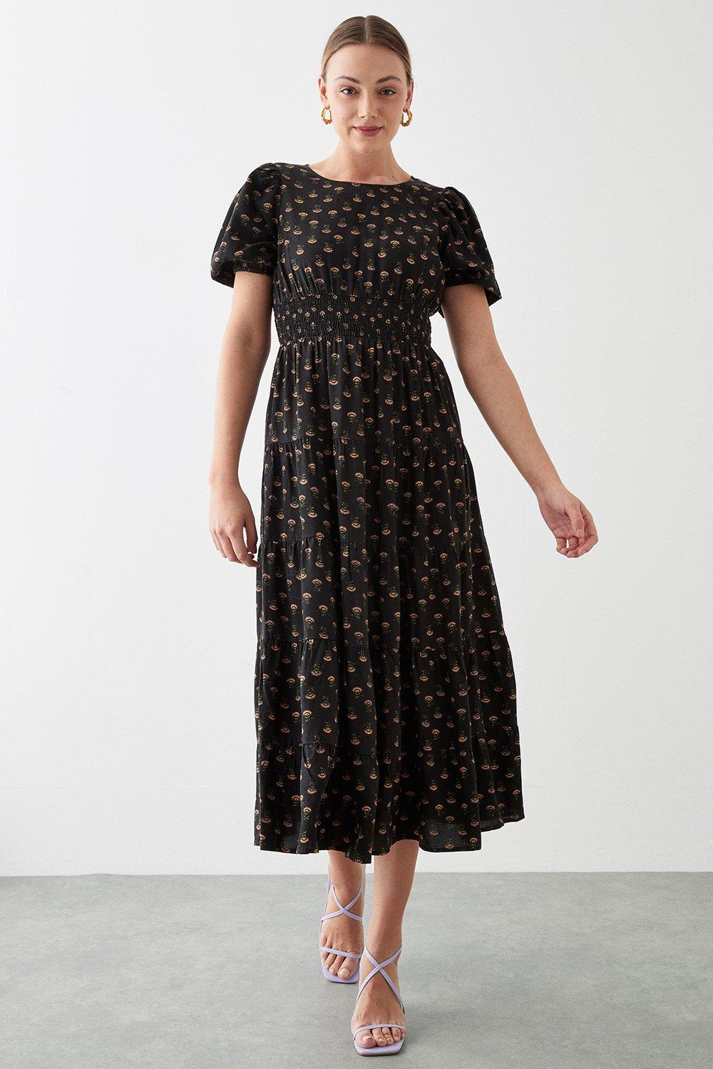 Womens Black Printed Tiered Shirred Waist Midi Dress
