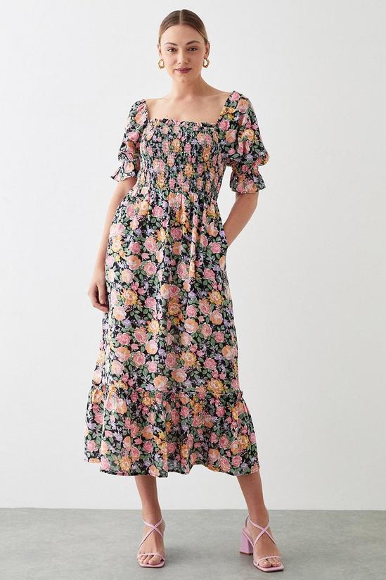 Dorothy Perkins Black Floral Shirred Midi Dress 1