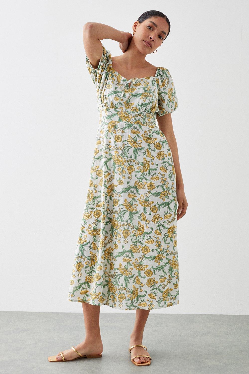 Womens Yellow Floral Tie Front Midi Dress