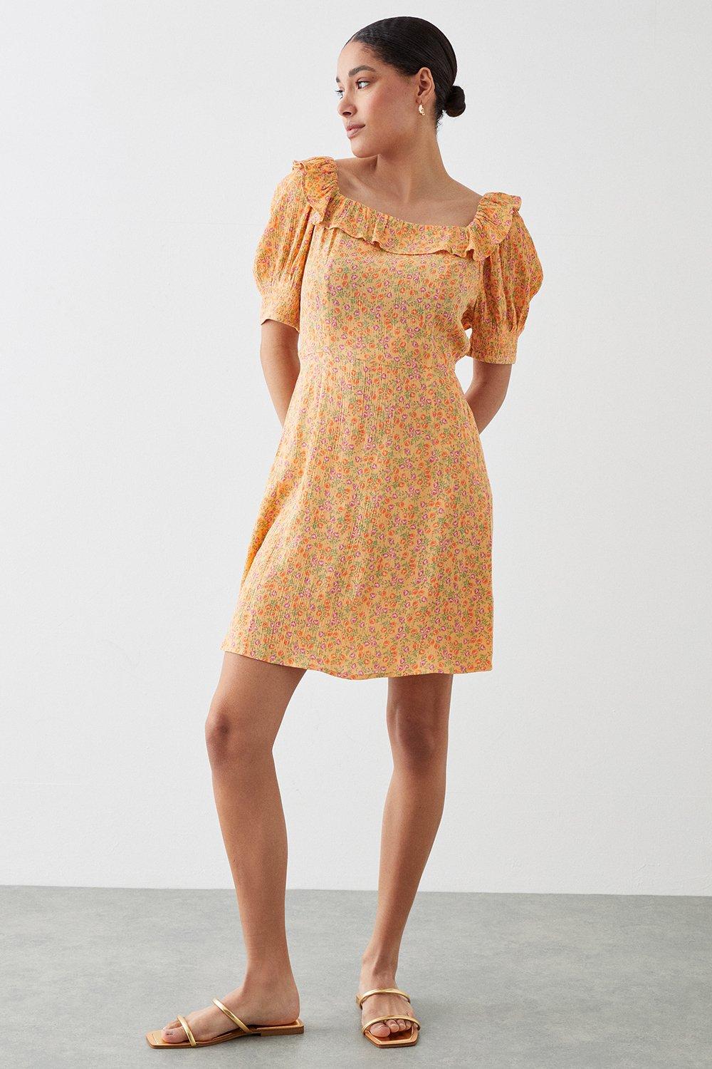 Women’s Yellow Ditsy Ruffle Neck Mini Dress - 14