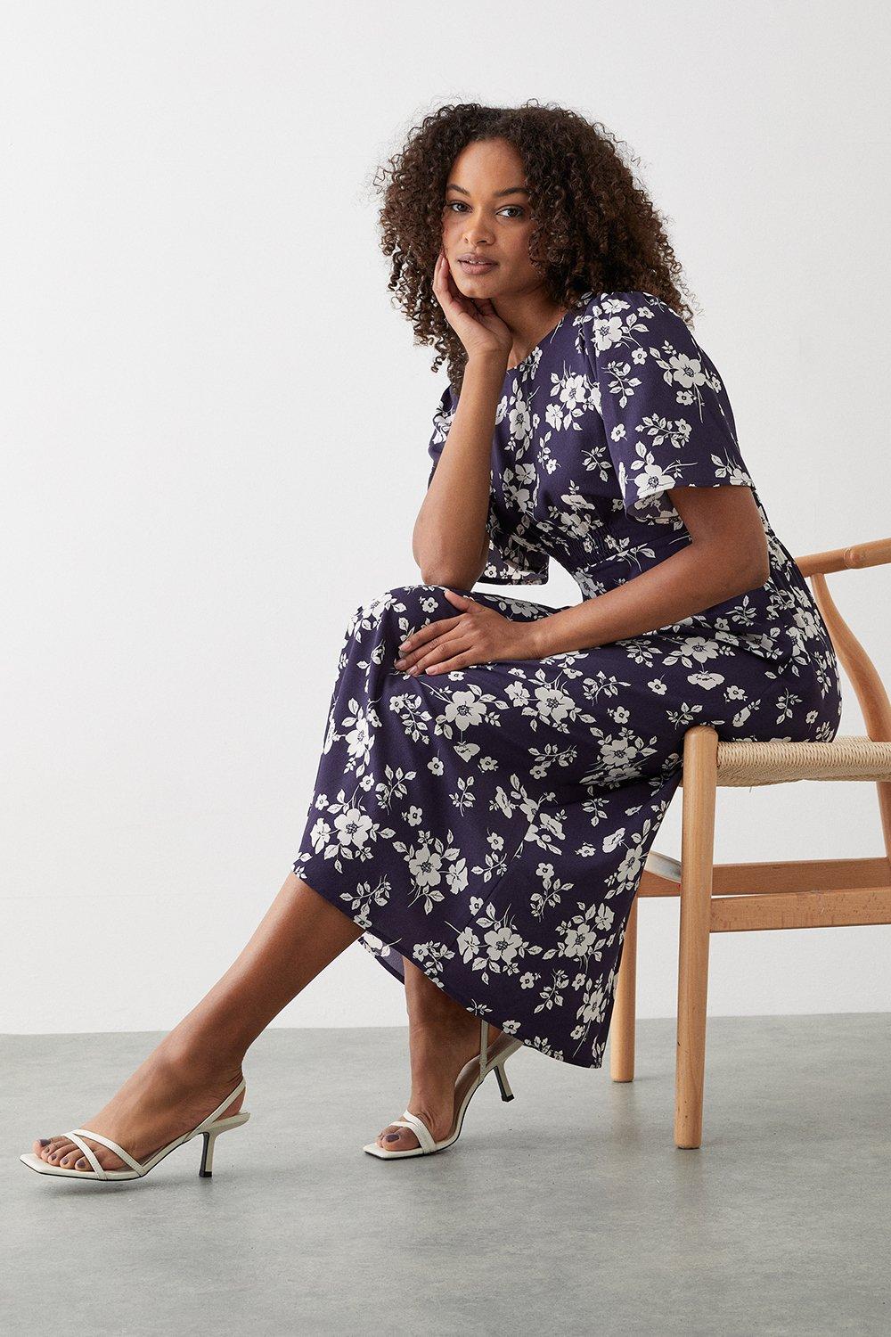 Dresses, Navy Floral Flutter Sleeve Shirred Waist Midi Dress