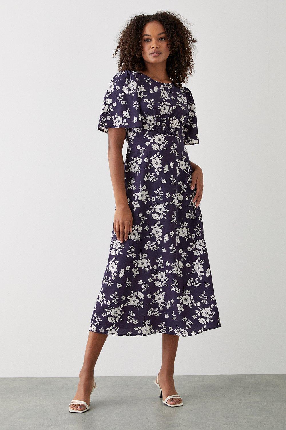 Dresses  Navy Floral Flutter Sleeve Shirred Waist Midi Dress