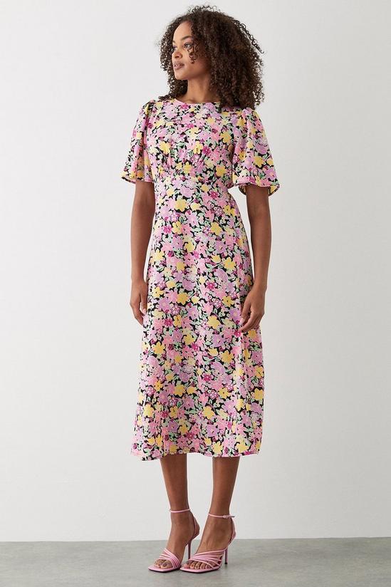 Dorothy Perkins Pink Floral Flutter Sleeve Shirred Waist Midi Dress 1